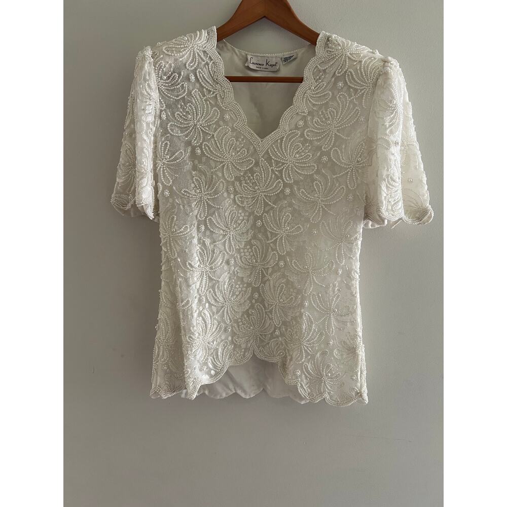 Vintage Laurence Kazar Beaded Short Sleeve Top White Asymmetrical Hem Size Small